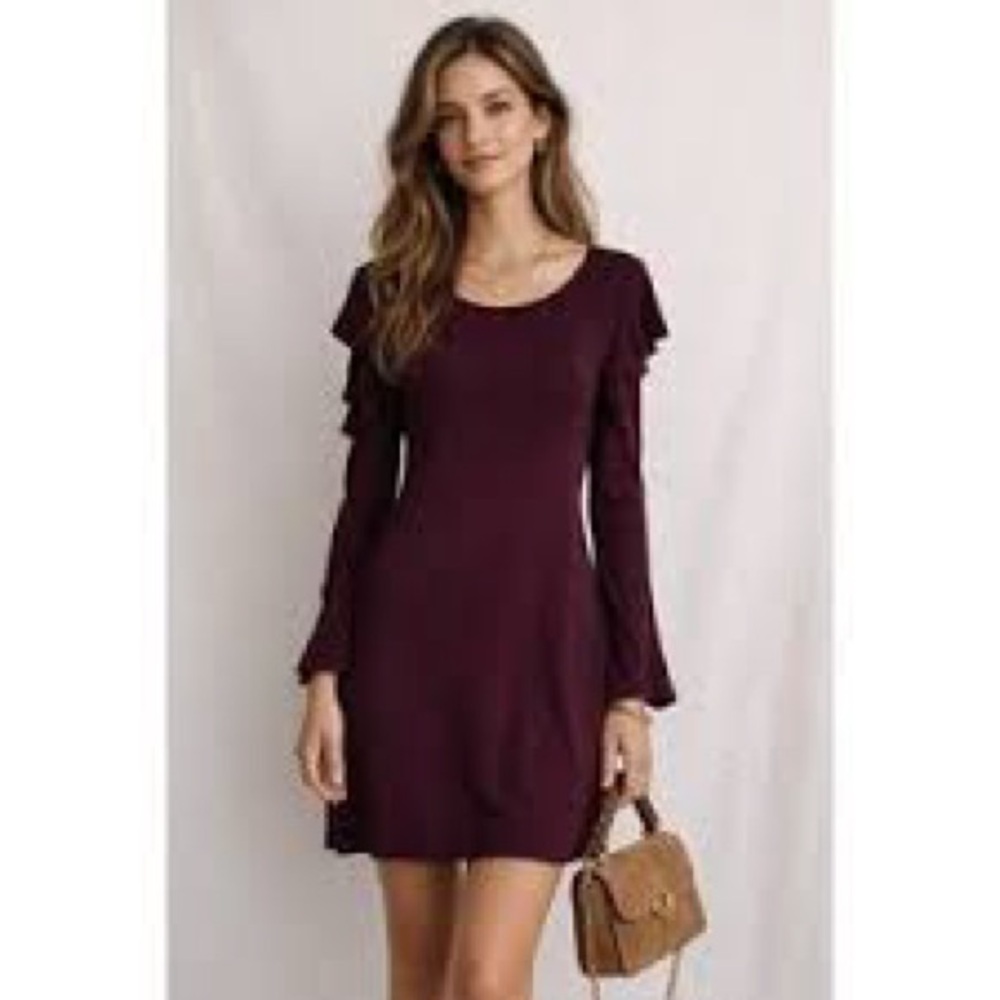 Women’s Long-Sleeve cold shoulder Ruffle Detail Dress in Cabernet purple
